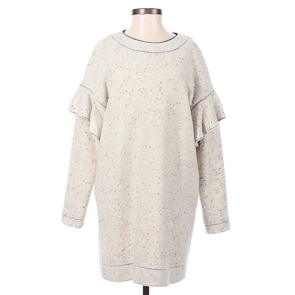 O’2nd Cream Gray Felted Wool Blend Speckled Ruffle Trim Sweater Mini Dress 1 S - Picture 1 of 11